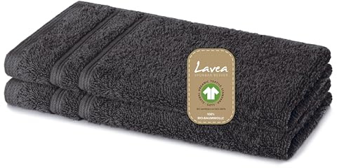 Lavea® 2er Set Gästetuch 30 x 50 cm, Bali Gästehandtücher klein aus Baumwolle, saugstarkes Handtuch für Bad und WC, Gästehandtuch-Set, 100% GOTS Bio-Baumwolle, Premium Frottier Handtücher, Anthrazit