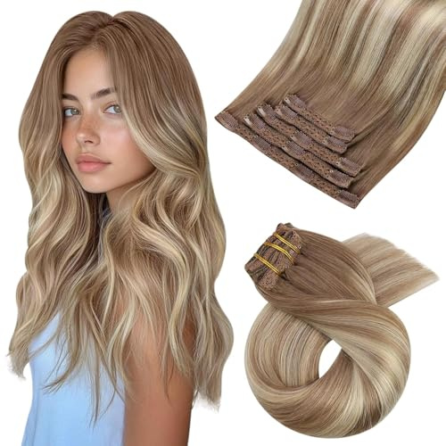 Moresoo Naturlig hårförlängning, ombre-blond, 30 cm, mänskligt hår, balayage-teknik, ljusbrun, hårförlängning med klämma, ljusbrun till mellanblond, 5 st/80 g, #8/22/8