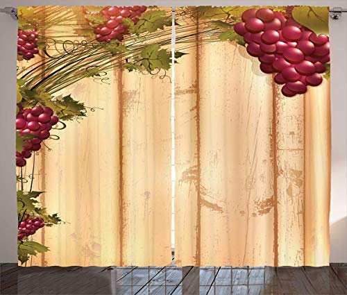 ABAKUHAUS Fence Curtains, Grapevine Branches on Wooden Planks Flowering Plants Pruning Merlot, Living Room Bedroom Window Drapes 2 Panel Set, 69 L X 110 W, Sand Brown Ruby