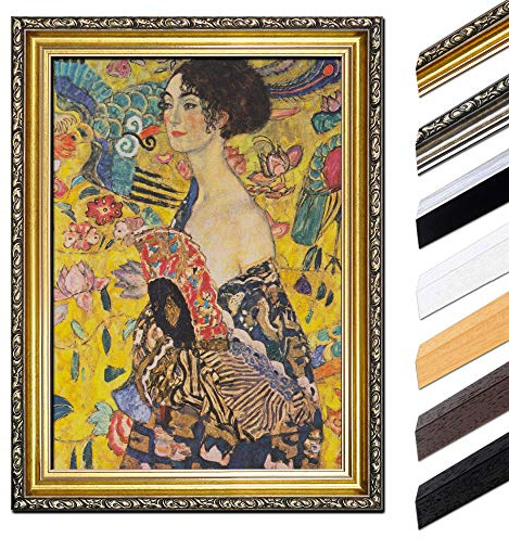 Bilderdepot24 Bild mit Rahmen - Gustav Klimt Dame mit Fächer 40x50 cm - Gerahmtes Leinwandbild Alte Meister - Antiker Rahmen Gold Barock, Klassisch