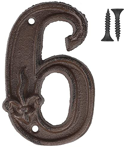 Vandicka 4.6 inch Cast Iron House & Door Number 6, Rustic Address Number Sign, Mailbox Number, Antique Brown Finish with Fleur De Lis Embossed, Matching Screws Included | Antique brown, rust finish with Fleur de Lis embossing, 11.6 x 7.2 cm - number 6