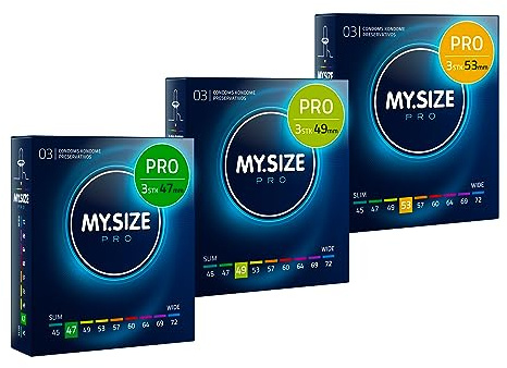 MY.SIZE PRO Elite Kondomset, Größe 1,2,3-47,49,53 mm, 3x3 Stück – Extra reines Vytex-Latex, leicht zu öffnen