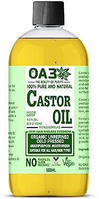 100% Pure Organic Castor Oil Cold Pressed Unrefined for Eyelashes Eyebrows Thicker Fuller Hair Growth Body Care Oil 500ml