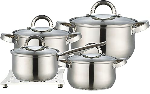 Maestro MR-2021 Batterie de cuisine en acier inoxydable, 8 pièces, induction, 3 casseroles, 1 casserole, 4 couvercles en verre + dessous de plat en acier inoxydable, convient pour tout type de