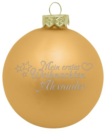 Deitert Weihnachtskugel mit Wunschtext Gravur, Ø 8cm, personalisierte Christbaumkugel aus Glas (matt), Individueller Weihnachtsbaumschmuck Namen oder Spruch, Mein erstes Weihnachten, Gold