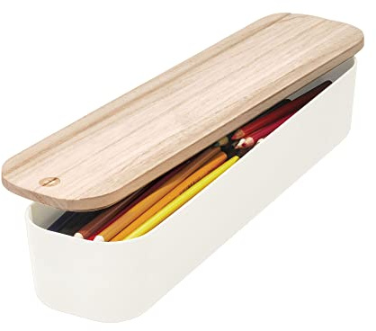 iDesign Schubladenbox, kompakte Regalbox aus BPA-freiem, recyceltem Kunststoff, Schubladen Organizer Box mit Deckel aus Paulownia-Holz, weiß, 7,3 x 9,1 x 36,8 cm, 08091