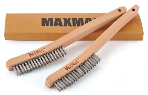 MAXMAN Wire Brush, Heavy Duty Stainless Steel Wire Brushes for Cleaning Rust, Grill Brush, Steel Brush for Paint Removal, Welding, Stiff Bristle Metal Brush with 14 Beech Long Handle, Large, 2Pcs