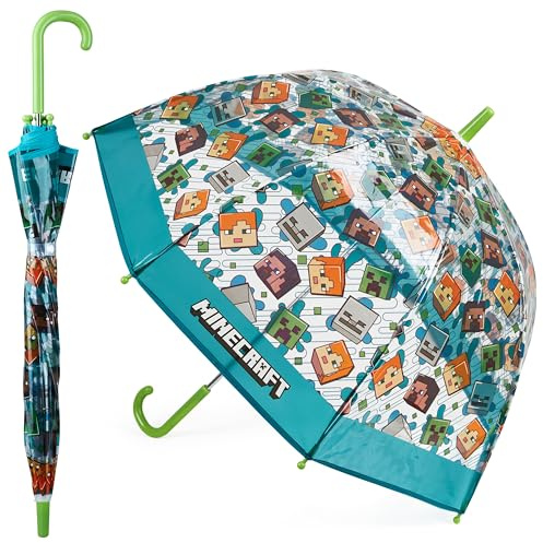 Minecraft Regenschirm für Kinder - Ausziehbar, Winddicht, Leicht und Lustig Design - Ideal für Regentage (Transparent Multi)