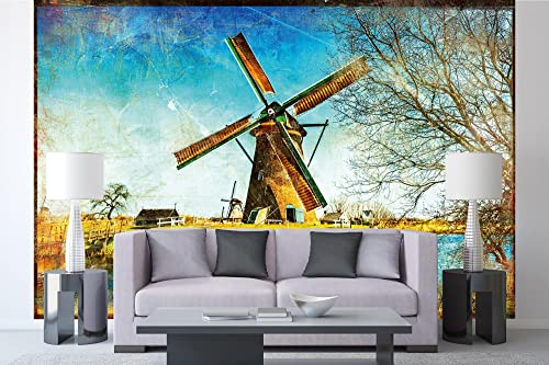 Vlies Fototapete HOLLÄNDISCHE WINDMÜHLEN 375 x 250 cm (inkl. Kleister) - Vlies Tapete, Wandtapete, Wandbilder - Tapete für Wohnzimmer Schlafzimmer, Büro, Küche - Montagefertig