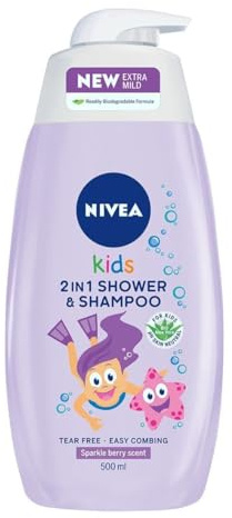 Nivea Kids Hair & Body Shampoo 500ml Sparkle Berry 3 in 1 for Children No-tear Formula Easy Brushing Organic Aloe Vera Skin Neutral Ph Chamomile Soap-free Formula (Pack of 2)