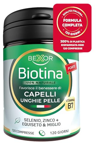 Bexor® Biotina Capelli | Integratori Per Capelli con Biotina Equiseto, Miglio, Zinco e Selenio | 120 Compresse forti | Integratore Capelli Pelle e Unghie | Vitamine per Capelli Donna e Uomo