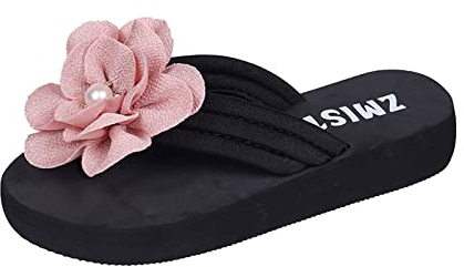 Bequeme Plateau Flip Flops Damen Leichte Sommer Slipper Schöne Blümchen Perlen Boho Zehentrenner