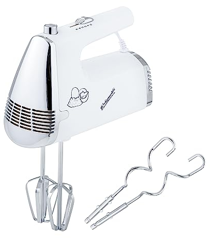 Sbattitore Elettrico Ergonomico 100W 5 Velocità con 2 Fruste in Metallo con 2 Fruste e 2 Ganci, Fruste Elettriche in Acciaio Inox Professionali, Bianco, 20x15x9 cm