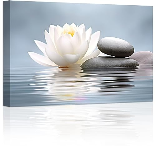 LZIMU Zen Bild auf Leinwand Lotusblumen Steine auf dem Wasser Seerosen Leinwandbild Spa Kunstwerk für Yoga Studio Meditation spiritueller Raum Gerahmt (1, 40.00x60.00cms)