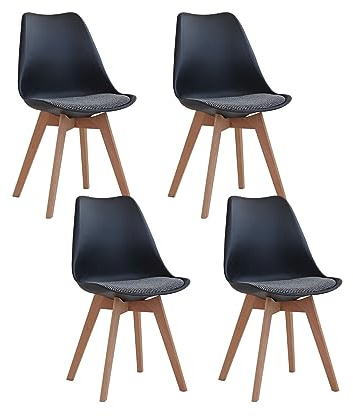 GrandCA HOME Juego de 4 Sillas de Comedor con Patas de Haya Maciza, Diseño Retro, Tapizadas, Sillas de Cocina, Madera, Negro-QNG