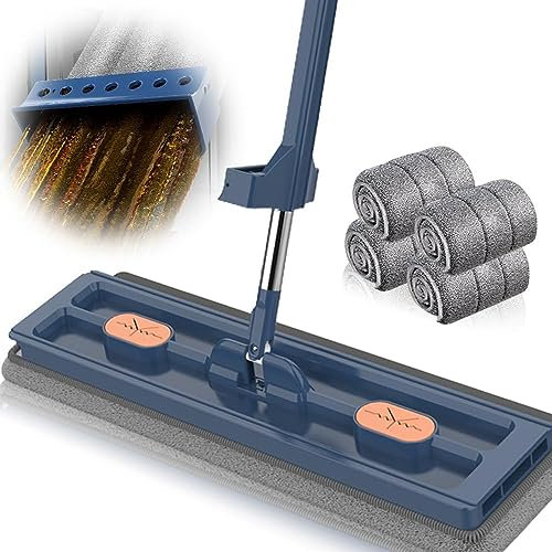 Trapeador plano grande, fregona rascadora de deshidratación autónoma, fregona de mango largo de acero inoxidable con rotación de 360° con almohadillas de microfibra (16.5 x 54 pulgadas) (azul, con 4