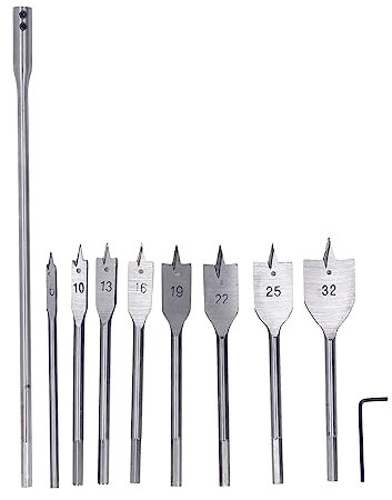 Paddle-Flachbohrer-Set, 10-teiliges Holzbohrer-Set, Hartstahl, 8 Größen, 1/4-Zoll-Schaft, Spatenbohrer Für Die Meisten Holzarten Sowie Glasfaser