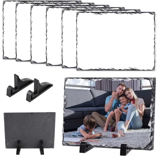 OKBA 6 Pcs Sublimation Slate Blanks 5.9 x 7.8 inch Picture Frame Heat Transfer Rock Photo Plaque with DIY Custom Stone Slate Display Stand Christmas Decoration for Desktop Souvenir