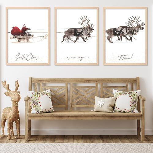 Generisch Vintage 3-teilige Weihnachts-Leinwand-Wandkunst, rustikaler Weihnachtsmann mit Schlitten-Posterdruck, Elch-Hirsch-Bilder, Wanddekoration, 30x40cm, ungerahmt