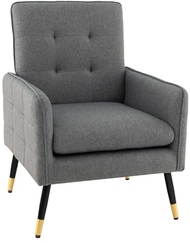 COSTWAY Armchair Accent Chair, Modern Tufted Upholstered Single Sofa Chair Lounge Armchair with Metal Legs, Linen Fabric Comfy Occasional Reading Chair for Living Room Bedroom Reception (Grey)