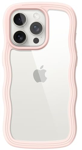 JETech Cover Ondulata per iPhone 15 Pro Max, Rosa | Design Ondulato Elegante, Protezione Antiurto, Retro Trasparente in PC Rigido, Impugnatura Confortevole