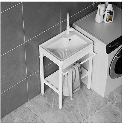 Lavabo Lavanderia Utilità ,Lavello da Cucina Autoportante,Lavandino da Giardino Esterno,Lavatoio Ceramica,con Rubinetto,Componenti di Drenaggio,Supporto,per Garage,Cortile,Bianca ( Color : Round Fauce