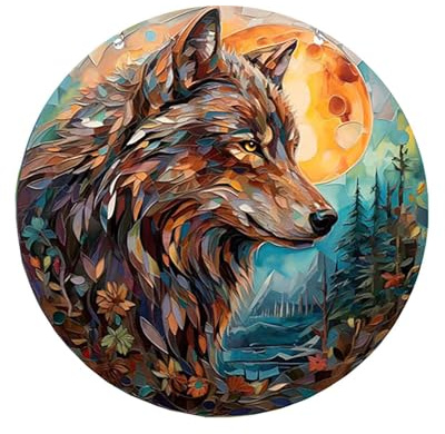 DTSFHTDAL 1 PCS Stained Acrylic Window Hanging Animal Decoration Suncatcher for Window Suncatchers Window Wall Hanging Ornament Window Hangings with Chain and Hook Indoor Hanging Art (Wolf)