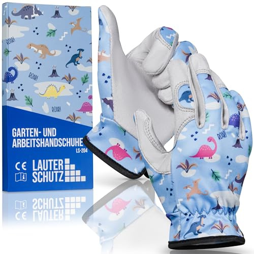 LAUTER SCHUTZ ® Kids: Premium Work Gloves (Stretchy Polyester & Faux Leather) with Non-Slip Faux Leather, Gardening and More (XXXL, Dino Pattern)