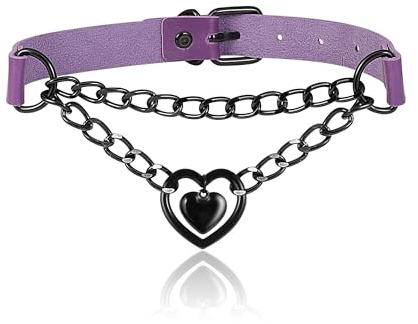 JJDreams Punk Halsband Gothic PU Leder Halsreif mit Kette Herz Anhänger elegant Choker Kragen schwarz Damen