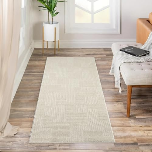 payé Teppich Läufer Kurzflor Beige 80x300cm Flur Wohnzimmer Geometrisch Gestreifte Muster mit Hoch-Tief-Effekt, 3D Effekt, Weich