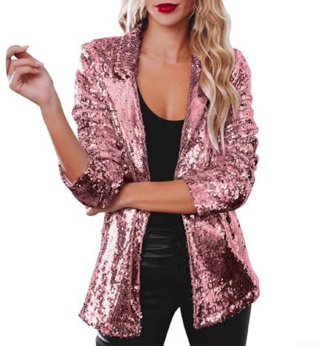 Glänzender Pailletten-Blazer für Damen, modisch, lässig, Party, Revers, Jacke, schimmernd, Glitzer, Oberbekleidung, Mantel, Rave, Oberbekleidung, Blazer (L x Rose Red)