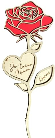 Générique Rose en bois personnalisée – Cadeau Fête des Mères – Fleur gravée avec prénom ou message – Cadeau unique pour maman – Nounou ATSEM Maîtresse – Fabrication artisanale française