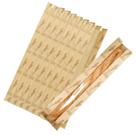 Brödpåsar i kraftpapper, 50 stycken, 58,4 x 10,2 x 4,1 cm, med genomskinligt frontfönster och 64 st genomskinliga klistermärken för hemlagat bröd, franskt bröd (trigo)