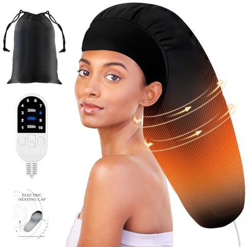 Heated Cap for Deep Conditioning: Upgraded Extra Large 10-Level Fast Heating 3 Time Settings Hair Steamer Cap for Natural Black Hair Portable Thermal Steam Cap for Home Hair Treatment - Deep Black