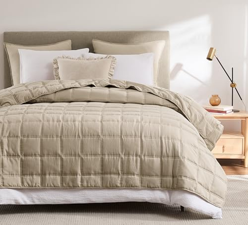 R.SHARE Tagesdecke 220x240 Beige, Weich Bettüberwurf Steppdecke aus Mikrofaser für Bett Sofa Couch (ohne Kissenbezug), Kariert Kuscheldecke Wohndecke Sofaüberwurfdecke Oeko-TEX Frühling Sommer