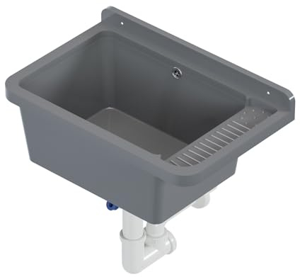 QLS Ausgussbecken 50,8x33,8 cm mit Siphon und Monatgeset Polypropylen Grau | Für Garage, Werkstatt und Waschküche, hitzebeständig, pflegeleicht, für Innen- und Außenbereich, inkl. Montageset
