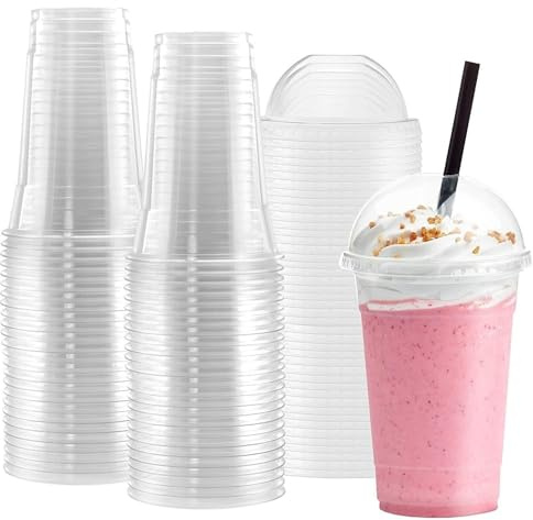 hotpack 100 x Reusable Smoothie Cups with Domed Lid Clear Plastic Slush Cups for Milkshake Bubble Tea Iced Coffee (8oz (237ml))