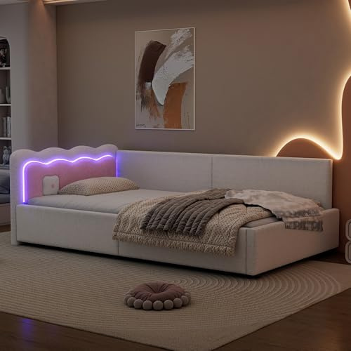 RIAZOS Polsterbett Schlafsofa 90x200 cm, L-förmiges Einzelbett mit LED, Gästebett Daybett Tagesbett, Bettgestell mit Lattenrost, Ohne Matratze, Weiß