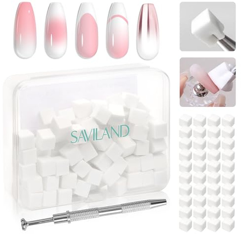 SAVILAND Ombre Schwamm für Nägel Set: 100 Stück Nail Art Schwamm und Metallgreifer mit Plastikbox Profi Ombre Pinsel Nagel Zubehör für Ombre Gradient Patterns Nageldesign Nägel Selber Machen Home DIY
