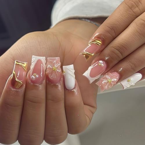 Cosblisvia 24 Pcs Medium Square Press On Nails, 3D Gold Pearl Nail Press Ons for Women's Holiday, Party & Daily Nail Art (Pink and White)