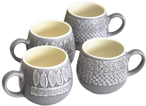Darthome Set of 4 Grey Embossed Patterned Mugs 350ml Stoneware Rustic Tea Coffee Cups