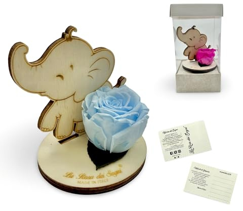 Rosa Stabilizzata con Elefantino in Legno – Fiore Naturale a Lunga Durata, Intaglio Laser e Scatola Elegante – Idea Regalo Originale Made in Italy (Celeste)
