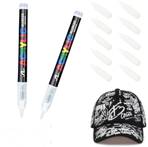 YAYNO 2 Stück Weiß Textilstifte Waschmaschinenfest 1-5mm Textilmarker Stoffmalstifte Waschfest mit 10pcs Feine Spitze aus Nylon Ersatzstifte mit Weicher Spitze für Acrylfarbmarker