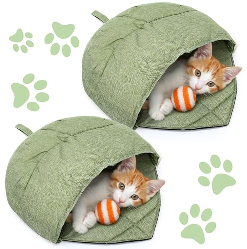 AceOrbit 2 Pcs Cat Sleeping Bag, Linen Fabric Nest Cat Bed Cave Leaf Cuddle Covered Pet Hide Cozy Hood Burrowing Zone Soft Durable Washable with Nonslip Bottom for Indoor Puppy and Kitten(Green)