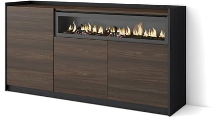 Skraut Home | Aparadores para salón | Gran Capacidad de almacenaje | 156x80x37 cm | 3 Puertas | Chimenea eléctrica | Estilo Moderno | Roble Oscuro y Negro