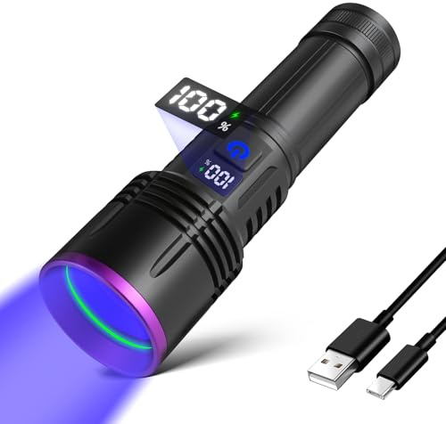 365nm UV Taschenlampe Aufladbar, Schwarzlicht Taschenlampe mit LCD Anzeige | Tragbare UV Lampe zur Heimtierurindetektoren, Bernsteinsuche, Geocaching, Unechte Banknoten, Harzvernetzung, Mineralien