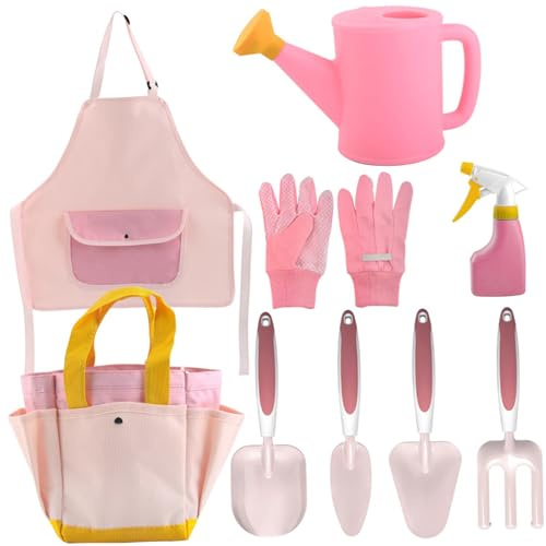 Ensemble de jardinage pour enfants, 9 pièces, ensemble de jardinage pour tout-petits comprenant un arrosoir, des gants, une pelle, un râteau, sac fourre-tout jardin, tablier, pulvérisateu