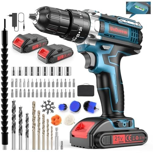 PONOSEU Avvitatore a Batteria 21V 3-in-1 – Set completo da 61 pezzi, 2 batterie e caricabatterie rapido, 45 Nm – Tutto in uno per forare, avvitare e riparare in casa