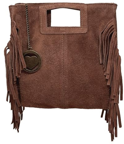 Chicca Borse Borsa a Mano da Donna in Pelle Scamosciata con Frange (Cuoio Scuro)