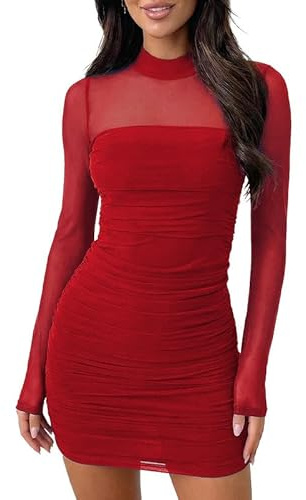 Sukiglam Vestito Donna Elegante Maniche Lunghe Collo Alto Sexy Mini Abito a Rete Trasparente Casual Vestito Corto Autunno Inverno Tubino Aderente con Arricciatura per Festa Discoteca Sera Cocktail